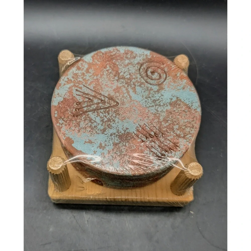Handmade Southwestern Stone Coasters Set of 4 Verdigris Patina with Wood Holder